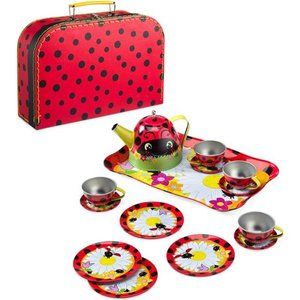 15-Piece Ladybug-Themed Pretend-Play Tin Tea Set,Includes Teapot,4 Plates,4 Cups